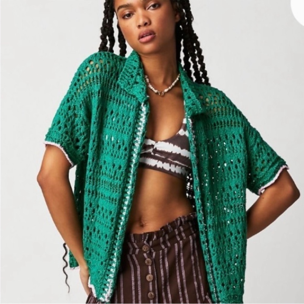 FREE PEOPLE Santa Cruz Club Shirt Golf Green Pink Combo Crochet Grannycore XS